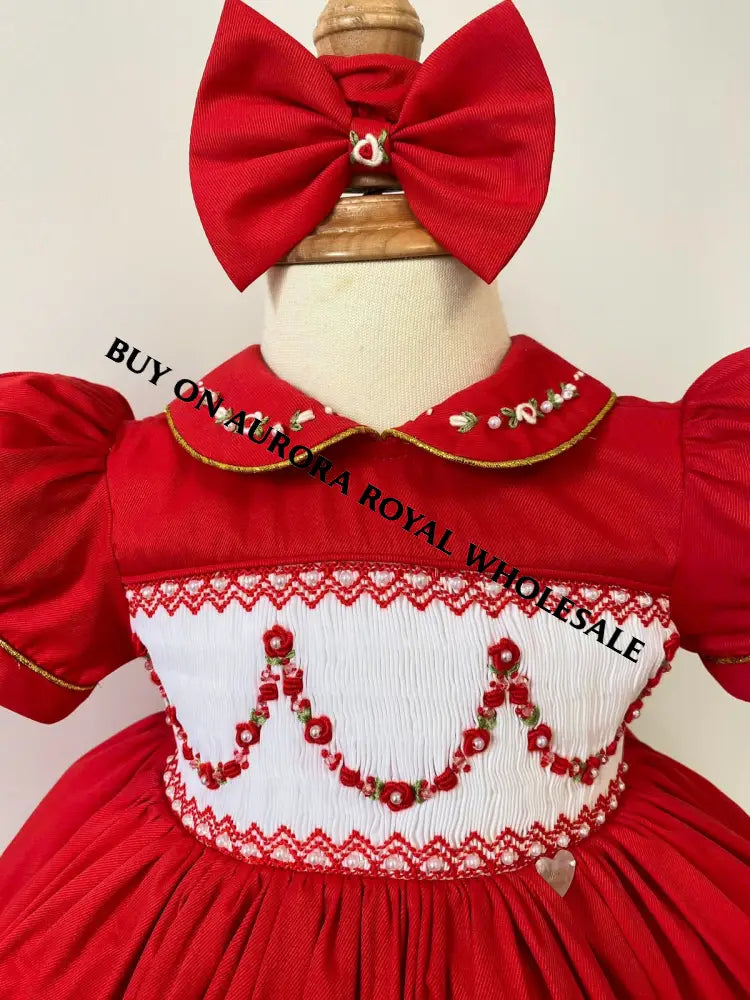PRE-ORDER & GET NEXT WEEK‼️PACK OF 5 SIZES NEW🎄CASSANDRA RED🧑‍🎄HAND-SMOCKED🧵🪡👑DRESS & ACCESSORIES🎀👼 - DRESS