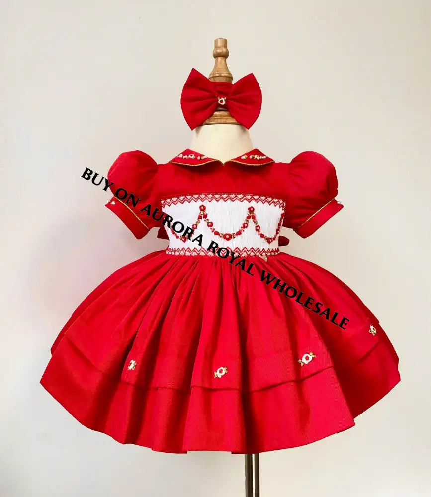 PRE-ORDER & GET NEXT WEEK‼️PACK OF 5 SIZES NEW🎄CASSANDRA RED🧑‍🎄HAND-SMOCKED🧵🪡👑DRESS & ACCESSORIES🎀👼 - DRESS
