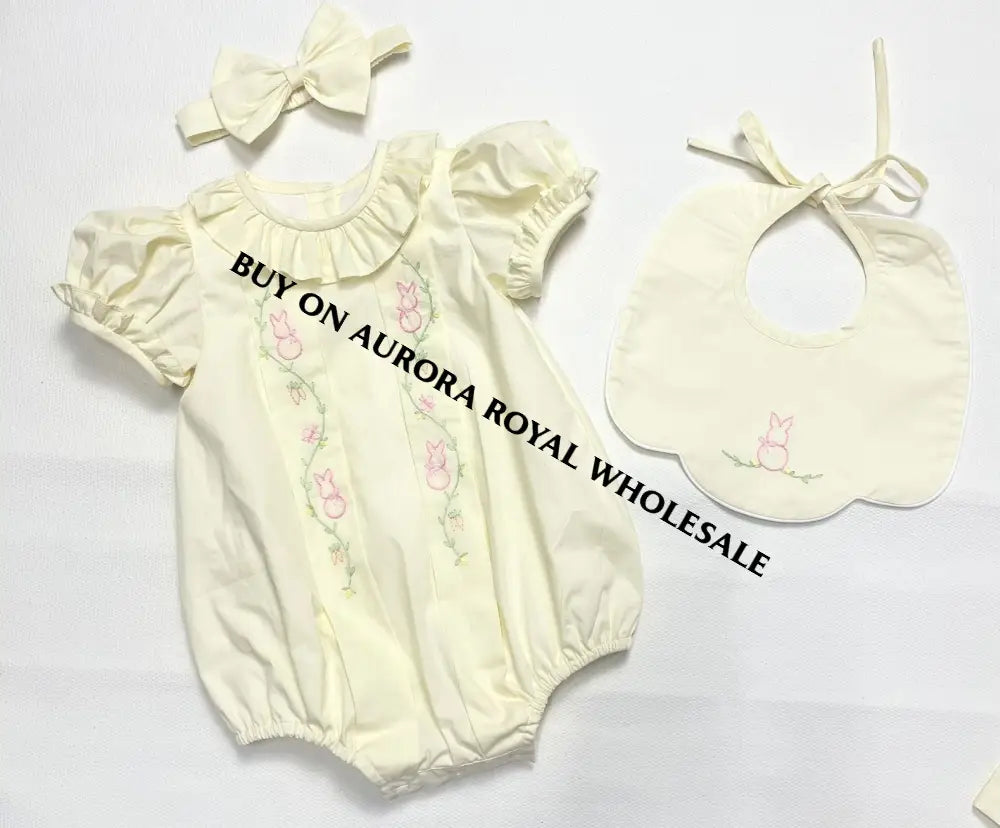 PRE-ORDER&GET NEXT WEEK‼️PACK OF 5 SIZES NEW COCO🐇 PALE LEMON👑HAND-EMBROIDERED🪡🧵ROMPER & BIB SET👼 BABY/TODDLER OUTFIT