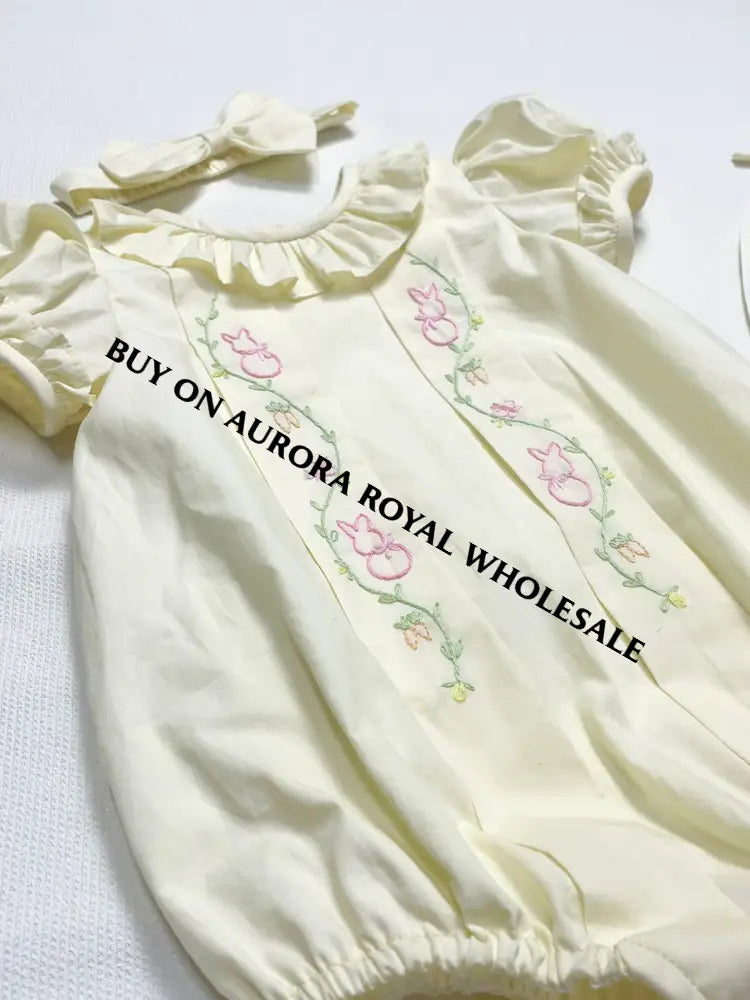 PRE-ORDER&GET NEXT WEEK‼️PACK OF 5 SIZES NEW COCO🐇 PALE LEMON👑HAND-EMBROIDERED🪡🧵ROMPER & BIB SET👼 BABY/TODDLER OUTFIT
