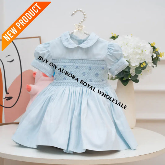 PRE ORDER‼️NEW🤩DOVE PASTEL BLUE FRONT & BACK GLITTERING HAND SMOCKED🧵🪡DRESS,PANTIES & BOWS🎀 BABY/TODDLER DRESS