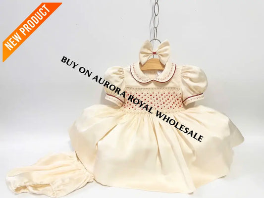 PRE-ORDER‼️NEW PACK OF 5 SIZES 🤩BELGRAVIA BISCUIT SILK/SATIN👑HAND-SMOCKED🧵🪡DRESS KNICKERS & BOWS OR HEADBAND 🎀