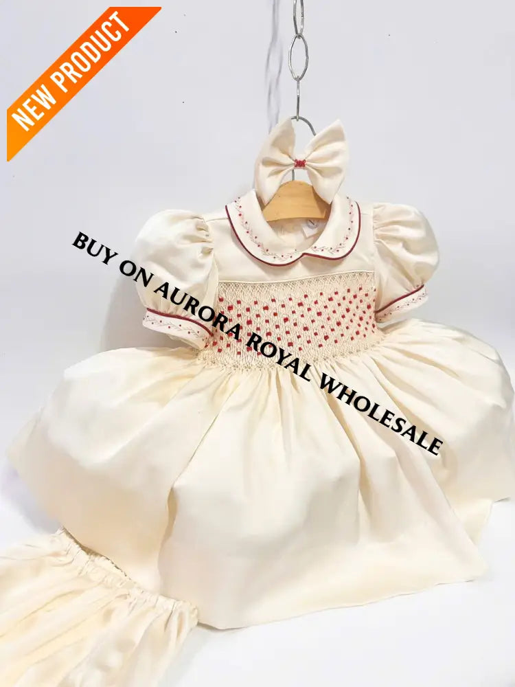 PRE-ORDER‼️NEW PACK OF 5 SIZES 🤩BELGRAVIA BISCUIT SILK/SATIN👑HAND-SMOCKED🧵🪡DRESS KNICKERS & BOWS OR HEADBAND 🎀
