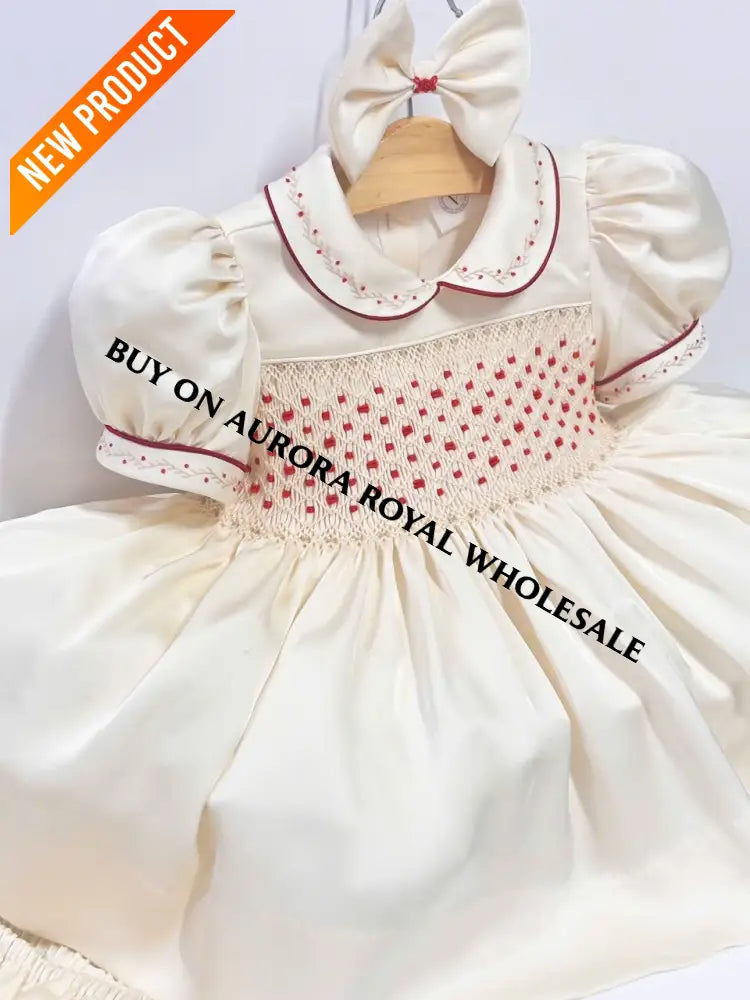 PRE-ORDER‼️NEW PACK OF 5 SIZES 🤩BELGRAVIA BISCUIT SILK/SATIN👑HAND-SMOCKED🧵🪡DRESS KNICKERS & BOWS OR HEADBAND 🎀