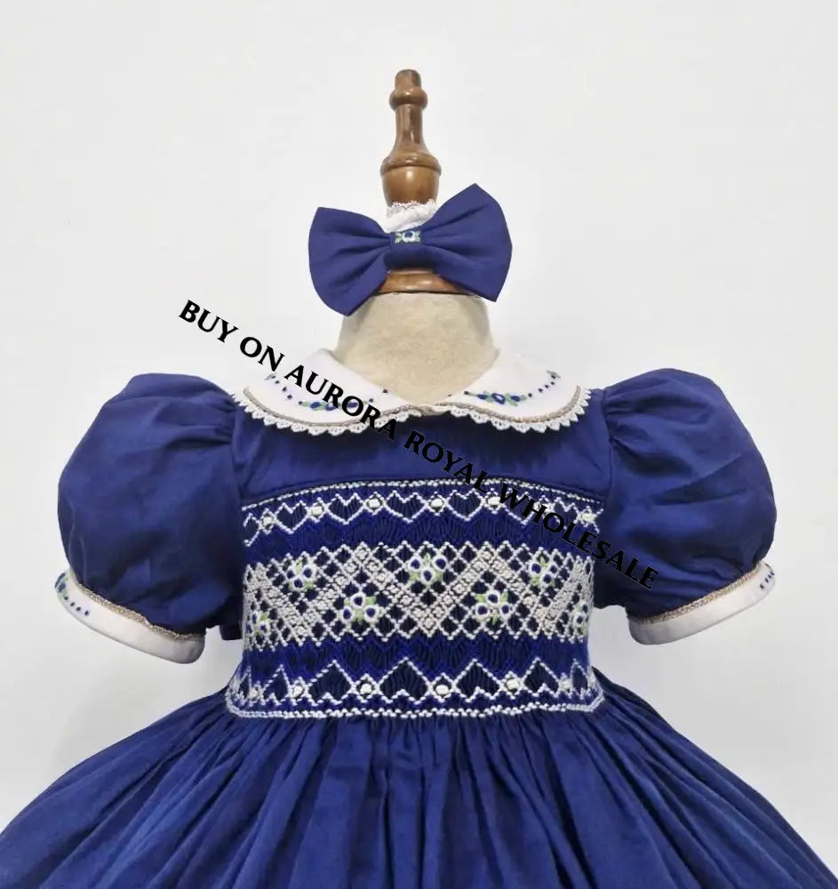 Pre-Order Now & Get It Next Week🤩🎄Pack Of 5 Sizes Paloma Navy💙 Hand-Smocked Dress Hair