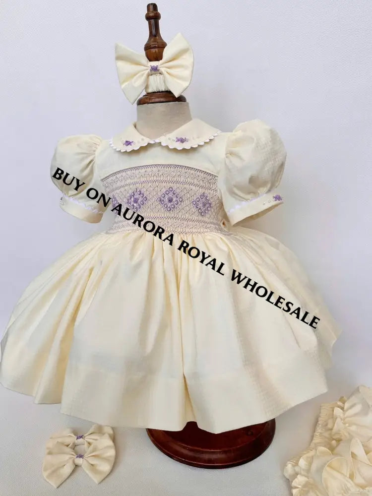 PRE-ORDER NOW & GET NEXT WEEK‼️NEW🤩PACK OF 5 SIZES MOLLY CREAM & LILAC💜HAND-SMOCKED🧵🪡👑DRESS,PANTIES (6M-24M) & BOWS OR