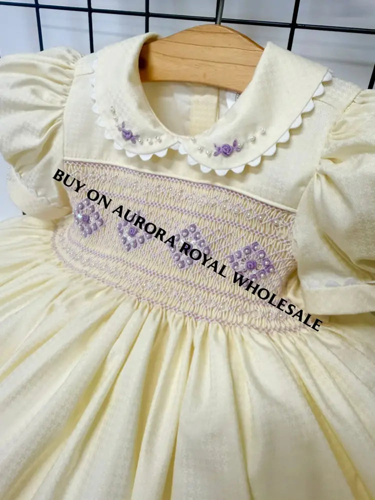 PRE-ORDER NOW & GET NEXT WEEK‼️NEW🤩PACK OF 5 SIZES MOLLY CREAM & LILAC💜HAND-SMOCKED🧵🪡👑DRESS,PANTIES (6M-24M) & BOWS OR