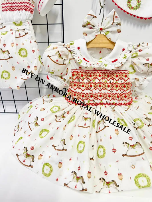 PRE-ORDER NOW & GET NEXT WEEK! PACK OF 5 SIZES FESTIVE FUN🎉🎄 HAND-SMOCKED🧵🪡DRESS,PANTIES,BIB & BOWS OR HEADBAND 🎀