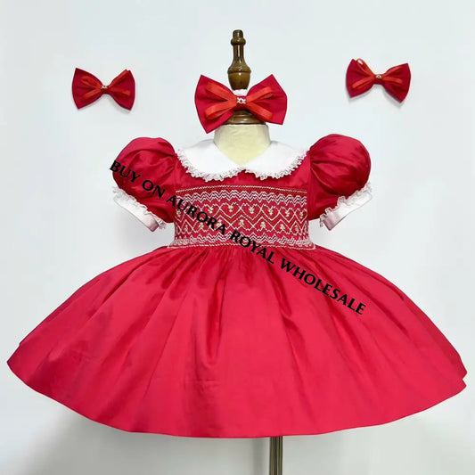 PRE-ORDER! PACK OF 5 SIZES NEW🧑‍🎄CHRISTY RED🥰HAND-SMOCKED🧵🪡DRESS & HAIR BOWS OR HEADBAND🎀 BABY/TODDLER DRESS