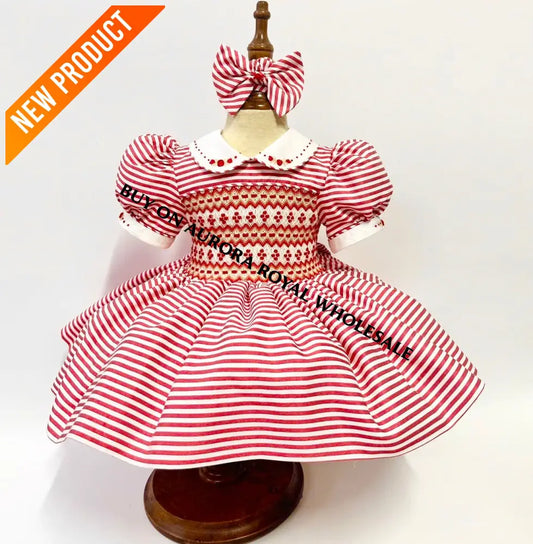 PRE ORDER‼️PACK OF 5 SIZES NEW🎄GLORIA RED STRIPED💥HAND SMOCKED🧵🪡DRESS & HAIR ACCESSORIES🎀 BABY/TODDLER DRESS