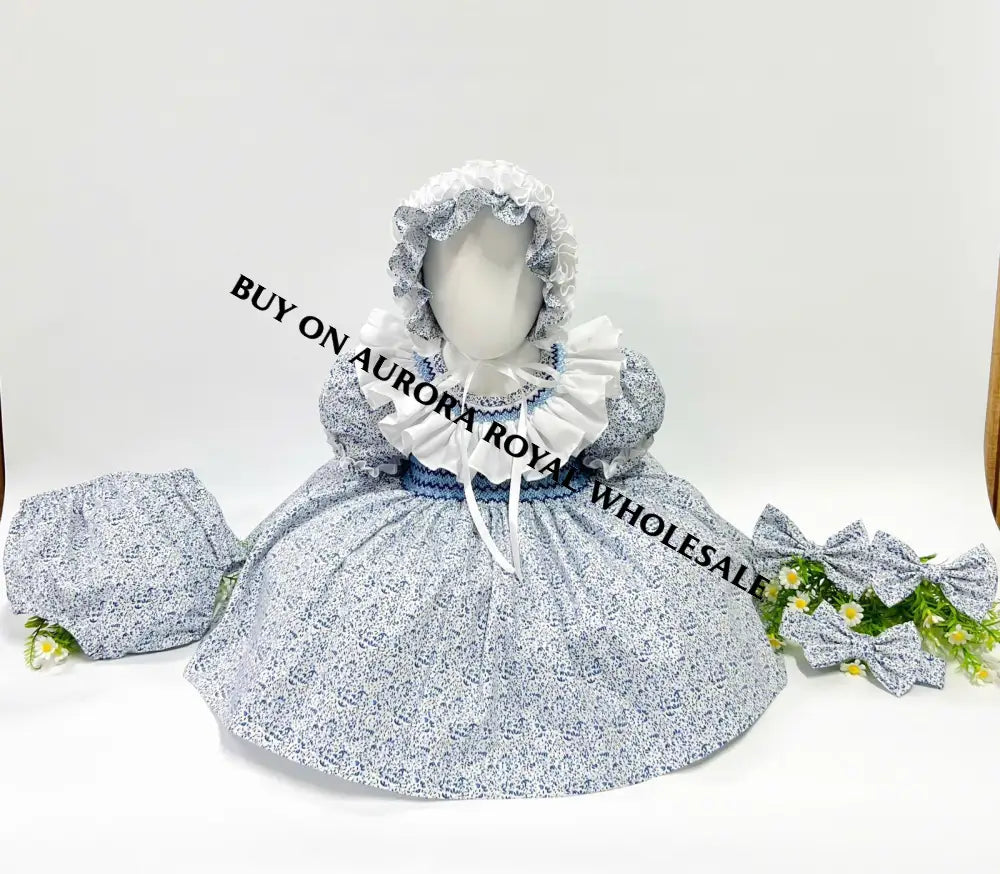 Pre-Order Now & Get It Next Week❣️Shirley Pack Of 5 Sizes Blue Floral🧚Hand-Smocked Dress