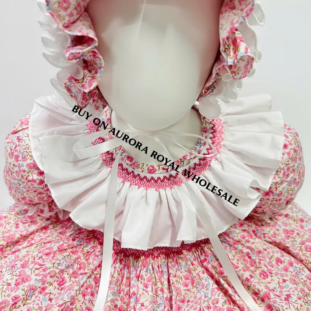 New❣️Shirley Pack Of 5 Sizes Pink Floral🧚Hand-Smocked Dress Knickers Bonnet & Headband Or