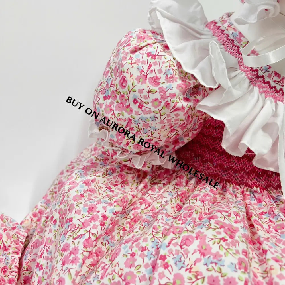 New❣️Shirley Pack Of 5 Sizes Pink Floral🧚Hand-Smocked Dress Knickers Bonnet & Headband Or