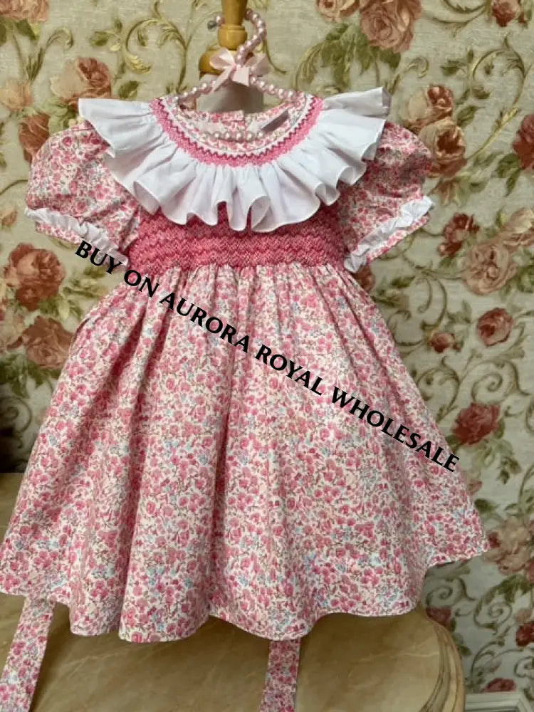 New❣️Shirley Pack Of 5 Sizes Pink Floral🧚Hand-Smocked Dress Knickers Bonnet & Headband Or