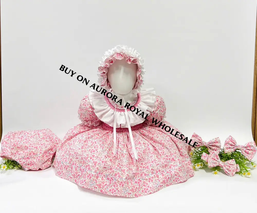 New❣️Shirley Pack Of 5 Sizes Pink Floral🧚Hand-Smocked Dress Knickers Bonnet & Headband Or